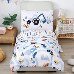 PERFEMET AONELAS Toddler Bedding Kids 4 Pieces Bed in A Bag for Boys Cars Printed Microfiber Toddler Comforter Sets with Standard Pillow Case Modern Bedroom Collection, White