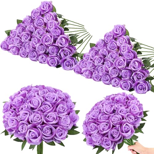Ovveroche 80 Pcs Roses Artificial Flowers,Silk Purple Rose Artificial Flowers,Fake Purple Roses Petals Long Stem Roses for Wedding Home Party Decor