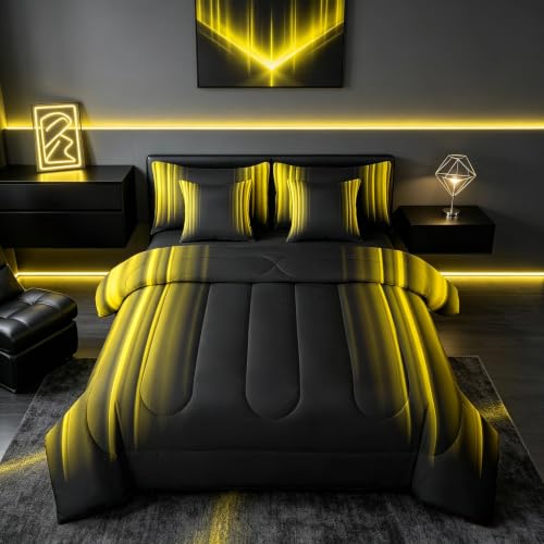Feelyou Geometric Abstract Ombre Bedding Bed Set Men Adults Teens Yellow and Black Striped Comforter Set with Sheets Kids Boys Girls Simple Modern Bed in a Bag Bedroom Collection Twin Size