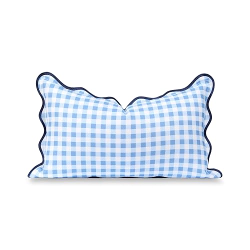 "Hofdeco Premium Coastal Hampton Scalloped Patio Indoor Outdoor Throw Pillow Cover Only, 12""x20"" Water Repellent for Backyard, Couch, Poolside, Azure Blue Navy Print Gingham"