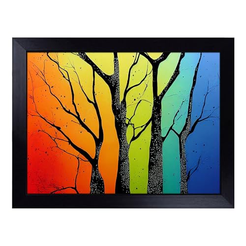 Lap Tray with Bean Bag Cushion, Colourful Trees Abstract - Handmade in the UK, Raised Wooden Edge, Padded Cushion, Heat-Resistant Wipe-Clean Surface, for Meals, Laptops and Crafts