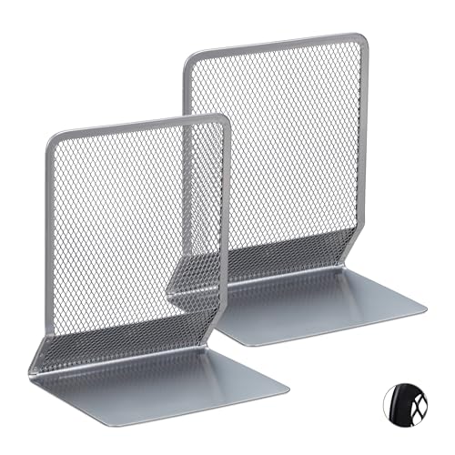 Relaxdays Bookend, Set of 2, Stands for Books, DVDs, Magazines etc., Book Support HxWxD: app. 16.5 x 13 x 10.5 cm, Silver