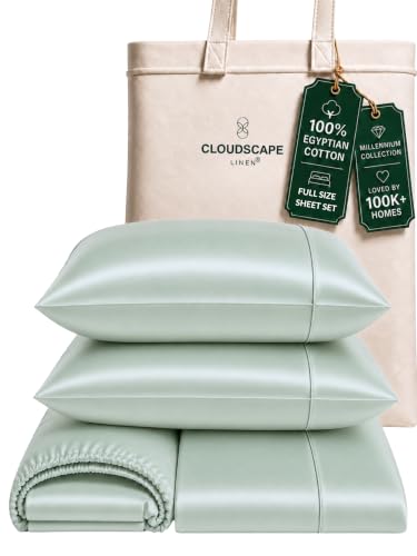 "Cloud Scape Linen 100% Egyptian Cotton Luxury Sheets Set (Full, Mineral) - Premium Sheets Set-Deep Pocket up to 16"", Durable & All-Season Breathable, Sateen Weave Hotel Luxury, Oeko-Tex Certified"