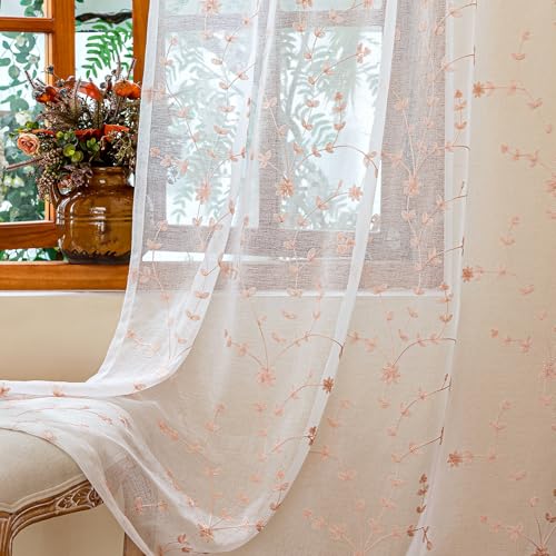 AmHoo 2 Panels Leaf Flora Embroidered Farmhouse Semi Sheer Curtain Voile Curtains for Living Room Bedroom Window Treatment White Pink 53 x 84 Inch