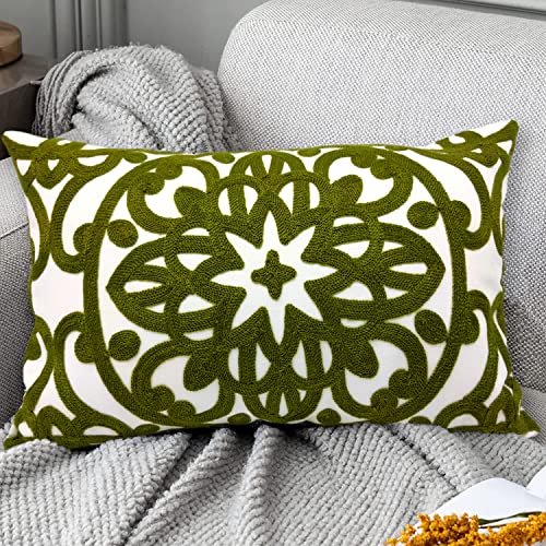 "Alysheer Embroidered Lumbar Decorative Throw Pillow Cover 12""x 20"", Classic Boho Mandala Embroidery Pattern Cotton Rectangular Cushion Case for Sofa Couch Living Room Bedroom(Olive Green)"