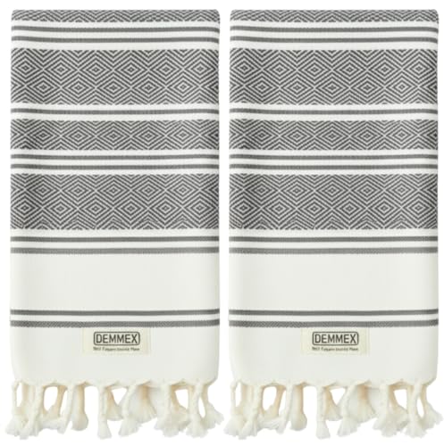 DEMMEX Organic Turkish Cotton Hand Towels Set of 2, Quick Dry Soft Diamond Weave, Absorbent Prewashed OEKO-TEX Bathroom Kitchen Towels 45x90cm (Dark Grey)