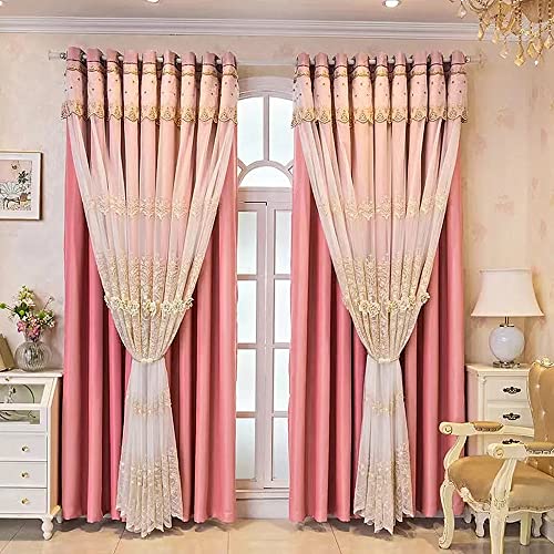Amidoudou 1 Pair European Double Layer Curtains with Valances for Living Room Bedroom Luxury 3D Flower Embroidered Curtains (Pink,52x102 Inch)