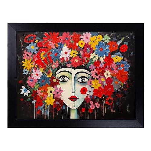 Lap Tray with Bean Bag Cushion, Floral Art Woman - Handmade in the UK, Raised Wooden Edge, Padded Cushion, Heat-Resistant Wipe-Clean Surface, for Meals, Laptops and Crafts