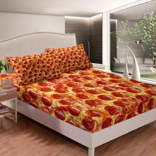 Pizza Fitted Sheet Pepperoni Be Print Bedding Set Funny Fast Food Bed Sheet Set for Boys Girls Kids Room Decor Lightweight Delicious Food Theme Bed Cover TwinXL Size with 1 Pillow Case
