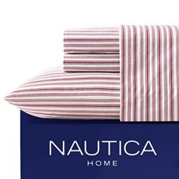 Nautica - Twin Sheets, Cotton Percale Bedding Set, Casual Home Decor, Dorm Room Essentials (Coleridge Stripe Red, Twin)