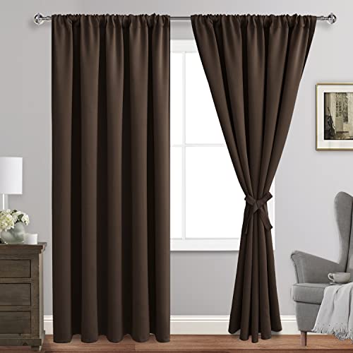 JIUZHEN Blackout Curtains for Bedroom - 60 Inch Extra Wide Thermal Insulated Room Darkening Privacy Soundproof Curtains for Living Room, Set of 2 Panels with Tiebacks, 60 x 84 inches, Brown
