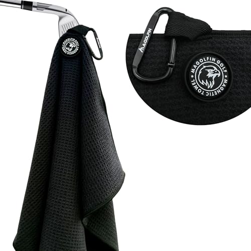 MAGOLFIN Magnetic Golf Towel with Clip, Microfiber Waffle Design - Industrial Strength Magnet for Strong Hold to Golf Bags, Carts & Clubs