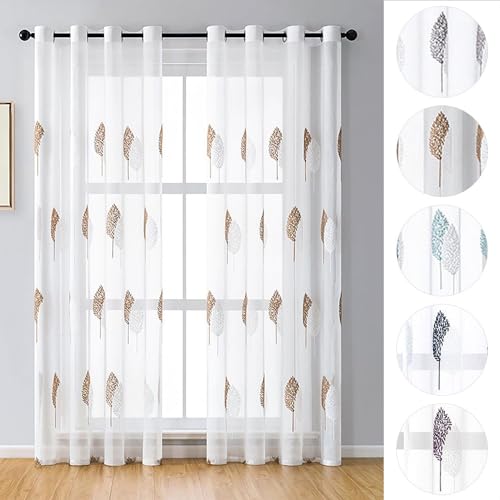 BYSURE Set of 2 curtain leaves embroidery with eyelets, voile, flower curtains, 132 x 245 cm, coffee