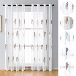 BYSURE Set of 2 curtain leaves embroidery with eyelets, voile, flower curtains, 132 x 245 cm, coffee