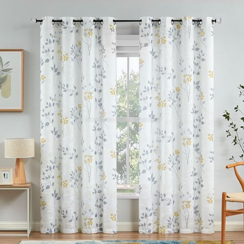 Beauoop Floral Linen Semi Sheer Curtains Living Room Yellow Grey 50x108x2 - Farmhouse Flower Patterned Yellow White Light Filtering Drapes for Bedroom 2 Panels Textured Window Treatment Grommet