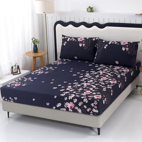 SDIII Navy Blue Floral Fitted Sheet Queen with 2 Pillowcase, Deep Pocket Soft Microfiber Dark Floral Sheet Queen Size All Season