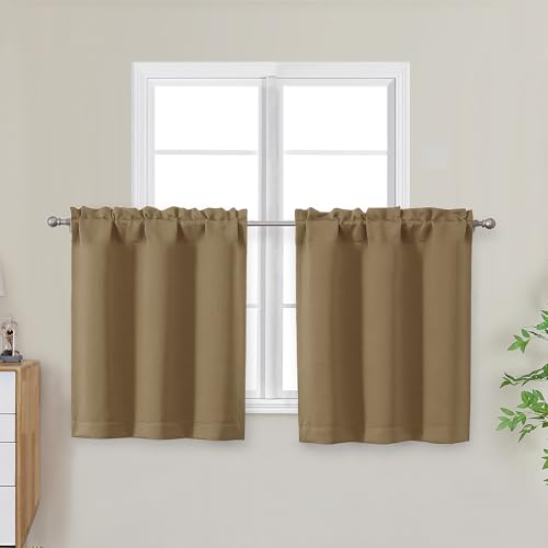 "OWENIE Taupe Short Blackout Curtains Tier 24 Inch Length, Small Kitchen Curtain Rod Pocket Privacy Half Window Curtains for Bathroom Basement Cabinet Camper RV Bunk, 2 Panels, Each 30"" Wx24 L"
