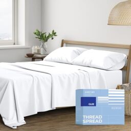 THREAD SPREAD 400 Thread Count, 100% Cotton Sheets,Glee Series Queen Satin Fabric, Deep Pocket Decorated 4 Piece Bedding Set,Luxury Hotel Style Egyptian Quality Cotton Sheets for Queen Beds,White