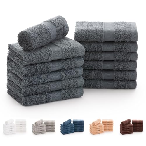 Todocama - Set of 12 Hand Towels (30 x 30 cm) 100% Soft and Absorbent Cotton, 550 gsm Premium, (Dark Grey)