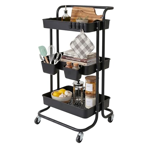 Relaxdays 3-tier utility trolley for hobby, office, black
