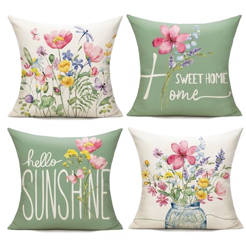 WOKANI Spring Outdoor Throw Pillow Covers 16x16 Set of 4 Cushion Covers Home Decor Couch for Sofa Bedroom Livingroom