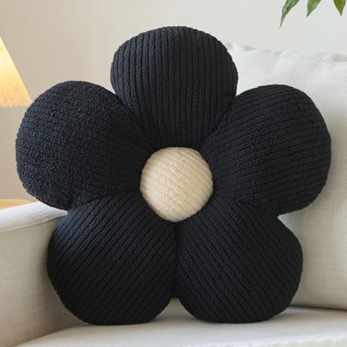 Ddliury Flower Pillow, Decorative Throw Pillow for Couch, Cute Decor Pillows for Bed, Aesthetic Flower Shaped Pillow Fun Cushion (Black, 14.9 Inches)