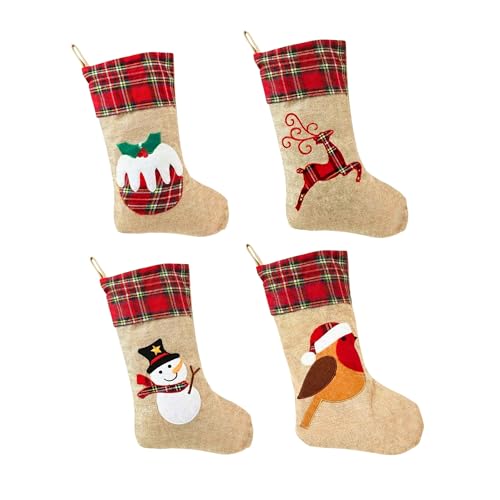 45cm Pack of 4 Assorted Xmas Stockings, Burlap Hessian Linen Christmas Hanging Sack Socks, Christmas Pudding, Reindeer, Robin, Snowman Designs for Festive Home Decorations