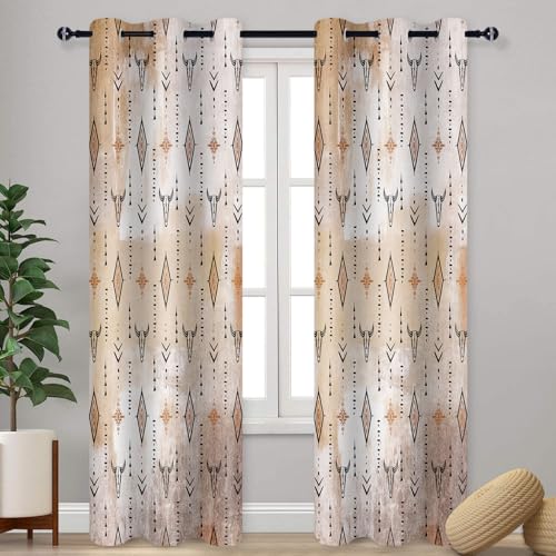 Rustic Western Curtains Tribal Aztec Vintage Curtain Drape 2 Panels 42x84in - Bull Skull Cowboys Window Drapes, Boho, Ethnic Native, Farmhouse Blackout Curtains for Kitchen Bedroom Living Room