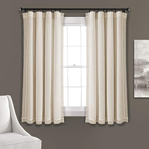 "Lush Decor Rosalie Farmhouse Window Curtains Rustic Style Panel Set for Living, Dining Room Bedroom (Pair), 54"" W x 63"" L, Ivory"