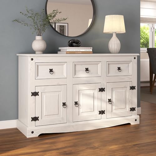 Corona Sideboard 3 Door 3 Drawer Country House All White Solid Mexican Pine Wood W 125cm x D 40cm x H 76cm
