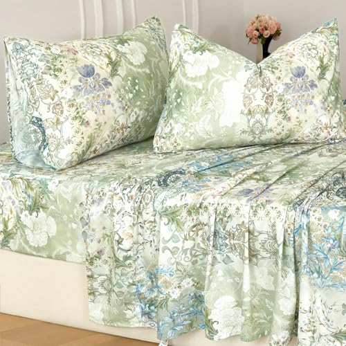 Zusbest Queen Sheet Set Luxury Sage Green Floral Bed Sheets 100% Cotton, Satin Weave Soft Silky Breathable for Hot Sleepers American Country Style Vintage Flower Deep Pocket 17.5?????? Bed Set 4Pcs
