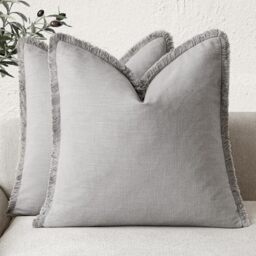 Foindtower Set of 2 Decorative Linen Fringe Throw Pillow Covers Cozy Farmhouse Cushion Cover with Tassels Accent Pillowcase for Couch Chair Sofa Bed Living Room Home Decor,24×24 Inch,Light Rustic Gray