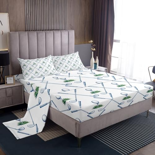 Erosebridal Golf Bed Sheets King Size Golf Club Sheet Set Sport Game Athlete Grass Leaf Branches Bedding Set for Men, Room Decorative Fitted Sheet, White Green Blue Flat Sheet