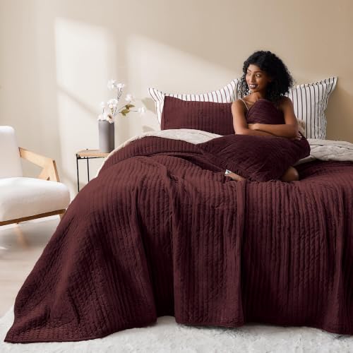 "Wonderful Velvet Quilt Set, Queen Size Burgundy Soft Fluff Texture Coverlet with Shams, Channel Stitched Pattern, All-Season Use, Versatile Lightweight Bedspread for Bedroom Adults Teens Kids,94""x94"""