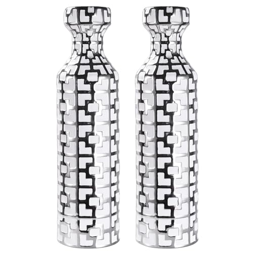 NewSangXia 62 cm Tall Floor Vases, Set of 2, White Vase with Silver Geometric Patterns, Ceramic Modern Flower Vases for Living Room, Entrance, Indoor and Outdoor Decoration, Large Vase for