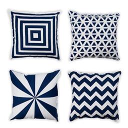 Penguin Home Set of 4 100% Slub Cotton Fabric Cushion Covers 45cm x 45cm Double Sided Square Pillow Covers with Invisible Zipper Pillow Cases for Living Room, Bedroom, Sofa (White/Navy Mix)