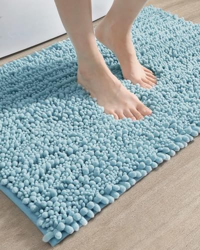"DEXI Bath Mat Bathroom Rug Non Slip Absorbent and Soft Floor Mats Washable Chenille for Bathtub Toilet Shower Room Entryway,16""x24""Light Blue"