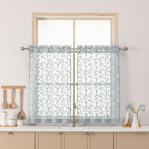 "Chyhomenyc Light Grey Sheer Curtains 36 Inch Length, Light Filtering Leaf Tufted Textured Small Window Kitchen Curtain Over Sink, Short Half Window Curtains for Bathroom Basement, 30""Wx36""L, 2 Panels"