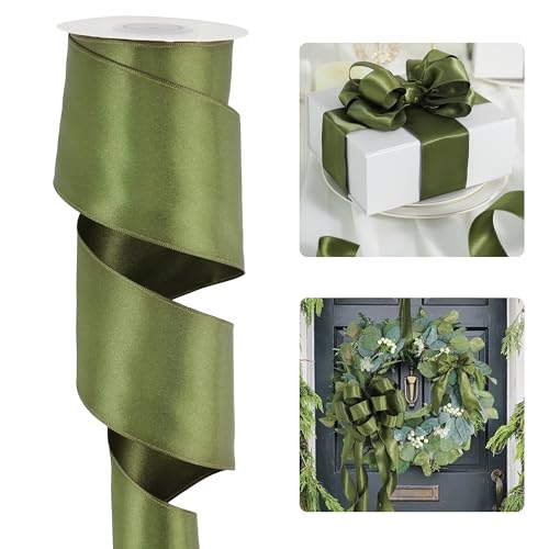 HUIHUANG Moss Green Satin Wired Ribbon 2.5 inch Moss Wire Edge Ribbon for Wreaths, Bows, Gift Wrapping, Garland, Wedding Decorations, Crafts, Christmas Tree-Continous 10 Yards