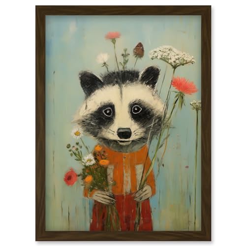 Artery8 Cute Racoon Picking Wildflowers for a Spring Bouquet Oil Painting Amber Orange Baby Blue Kids Bedroom Artwork Framed Wall Art Print A4