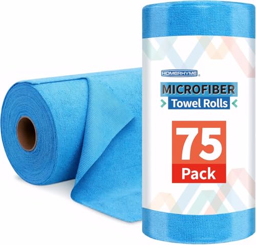 "HOMERHYME Microfiber Towel Roll, 75 Pack Tear Away Cleaning Towels, Reusable Multi-Purpose Microfiber Cleaning Cloth, Lint Free Absorbent Cleaning Rags Wipes for Car, Shop, Office, Blue 11.5""x11.5"""