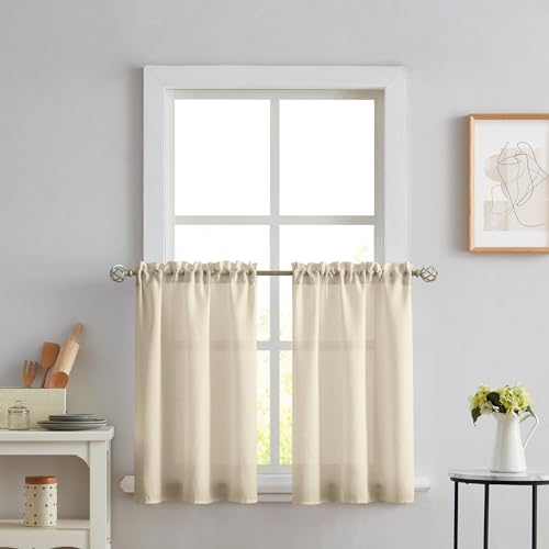 Melodieux Tan Semi Sheer Tier Curtains 36 Inch Length for Kitchen Cafe Bedroom Small Windows, Linen Look Rod Pocket Short Curtain Tiers Voile Drapes, 2 Panels