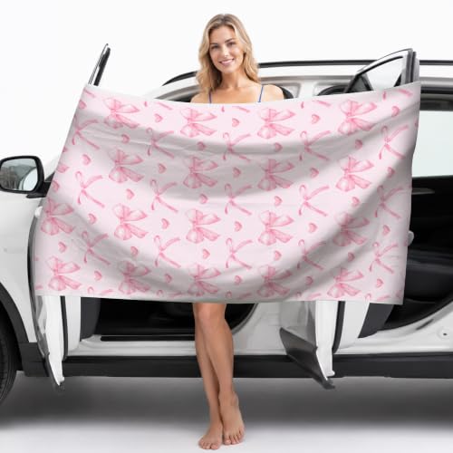 "ARefugen Coquette Pink Bow Magnetic Beach Towel - 75""x30"" Sand Free Quick Dry Microfiber Towel with Built-in Magnets Lightweight for Beach Chair Car Door Pool Travel Camping Yoga with Storage Bag"