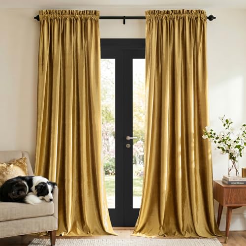 PRIMROSE Gold Curtains 96 inch for Living Room Velvet Blackout Rod Pocket Window Drapes Treatment Semi Room Darkening Decor Golden Curtains for Bedroom Set of 2 Panels