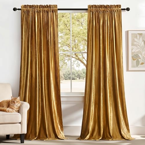 PRIMROSE Gold Curtains 96 inch for Living Room Velvet Blackout Rod Pocket Window Drapes Treatment Semi Room Darkening Decor Golden Curtains for Bedroom Set of 2 Panels