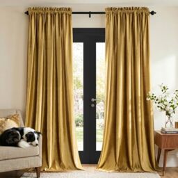 PRIMROSE Gold Curtains 96 inch for Living Room Velvet Blackout Rod Pocket Window Drapes Treatment Semi Room Darkening Decor Golden Curtains for Bedroom Set of 2 Panels