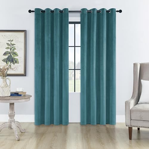 "SMILETIME Lake Blue Velvet Curtains 52""x72"" Grommet 2 Panels - OEKO-TEX rust-proof grommets light filtering heat insulated noise reducing, living room bedroom study, machine washable"