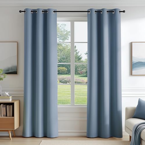 FMFUNCTEX 100% Blackout Slate Blue Curtains 40x72 Inch Grommet 2 Panels - Black out Drapes, Thermal Insulated Noise Reducing, Textured Weave, Room Darkening, Window Curtain, for Living Room,Grommet