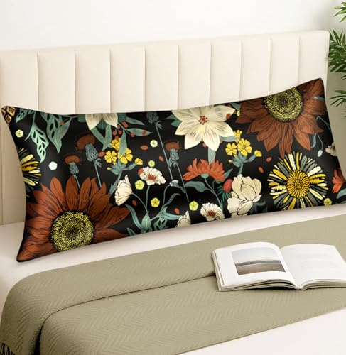 Miss Adola Silk Body Pillow Cover with Zipper - 20x54 Inch Silk Long Pillow Case for Women Ladies Adults Soft Bed Decorative Cute Boho Large Body Pillowcase Sham for Hair and Skin, Black Retro Floral