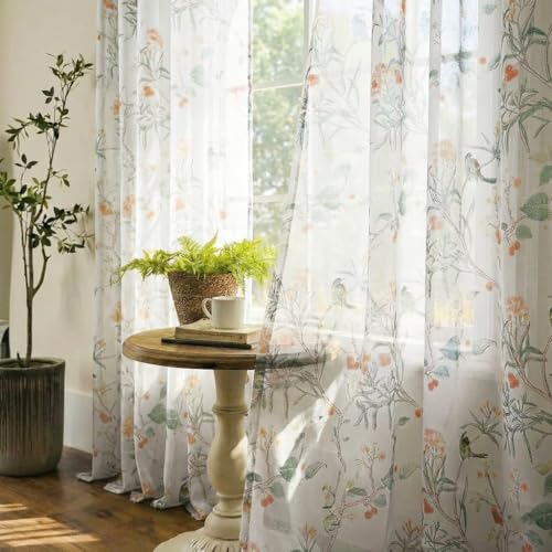XTMYI Botanical Sheer Curtains 63 Inch Long Kitchen Bedroom Set of 2 Panels Eyelet Floral Pattern Non Sheer Curtains for Living Room